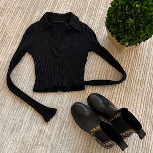 Helmut Lang Black Ribbed Collared Long-Sleeve Crop Top Size XS